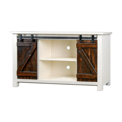 Barn Door 60" TV Cabinet, Aged White & Tobacco Doors