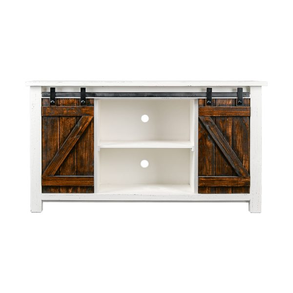 Barn Door 60" TV Cabinet, Aged White & Tobacco Doors