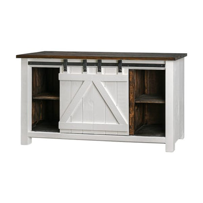 Barn Door 60" TV Cabinet, Tobacco Top-Interior & Aged White Frame-Doors