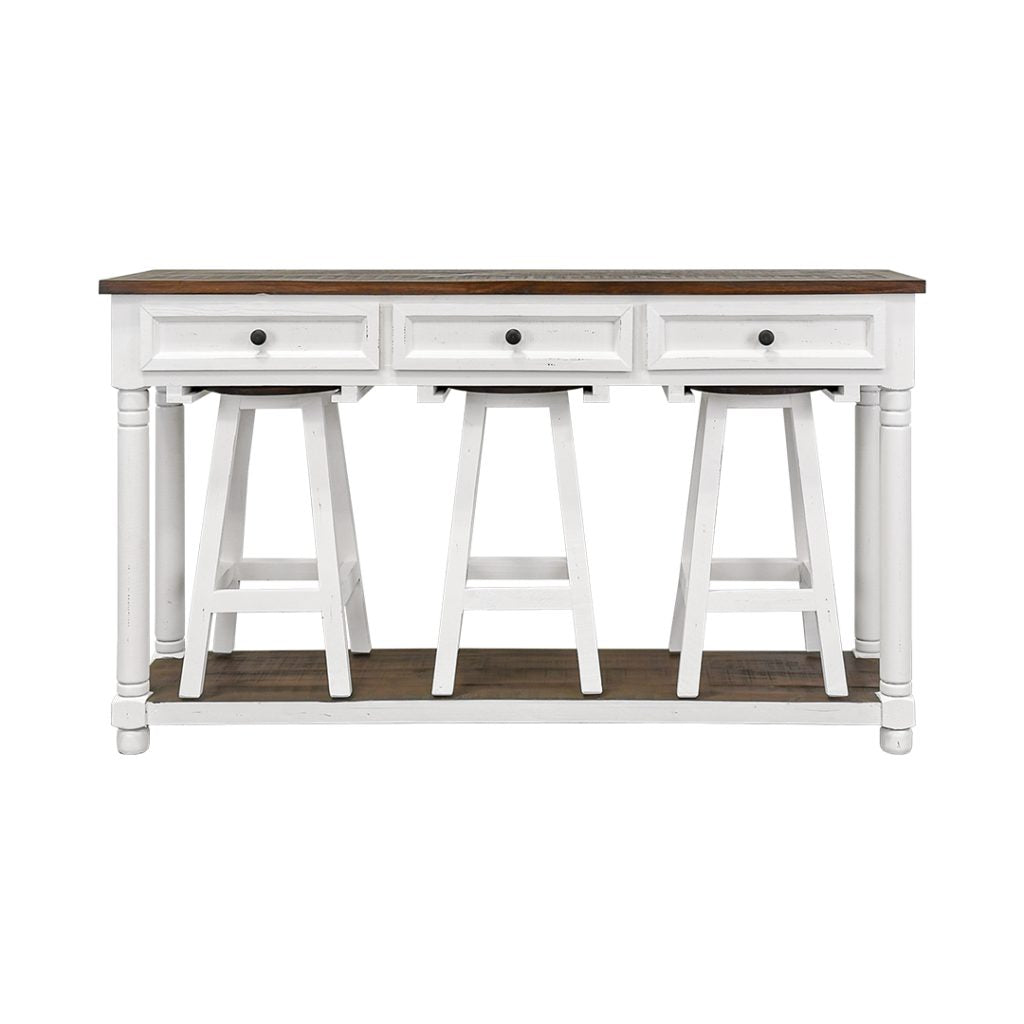 Island Console With 3 Stools, Aged White & Tobacco Top