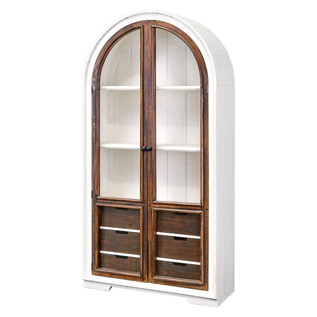 Julia Curved Hutch, Aged White With Tobacco Doors & Drawers